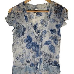 Size: Large - Blue/White Floral Print Sheer Blouse w/ Lace Peplum Detail